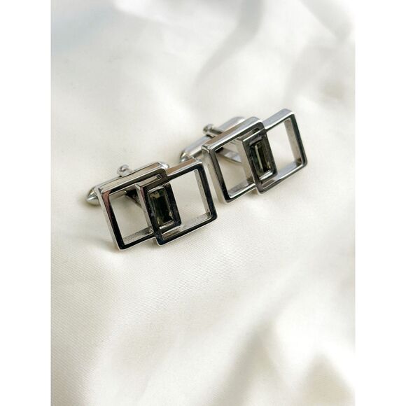 Swank modernist cube cufflinks silver tone with grey stone center - Picture 3 of 7